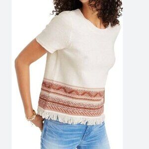 Madewell Women's Size XS Ivory Short Sleeve Fringed Medina Sweater Top